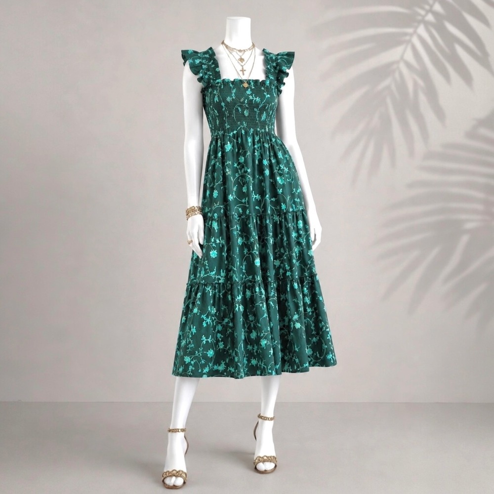 Hill House Home Nap Dress M Green Botanical Smocked Preppy Resort  Cotton Midi